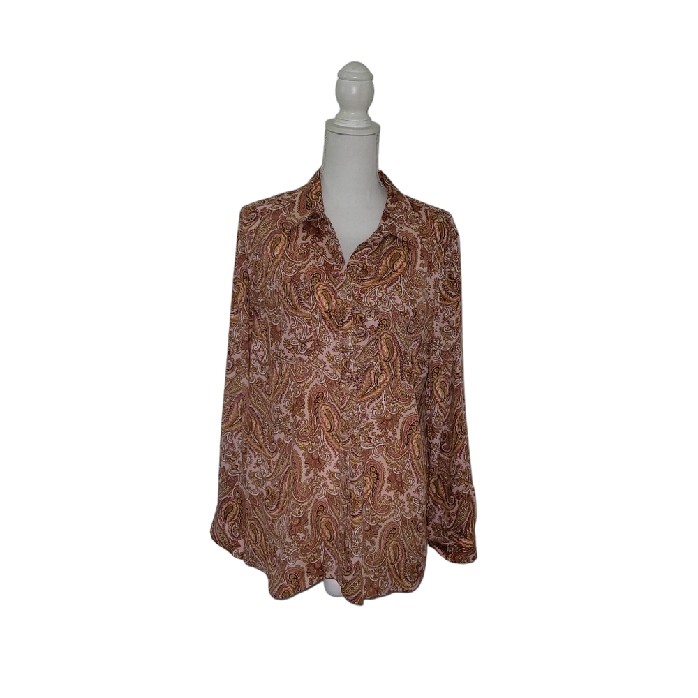 Talbots Gold Paisley Button Up Polyester Blouse Roll Tab Sleeves XL